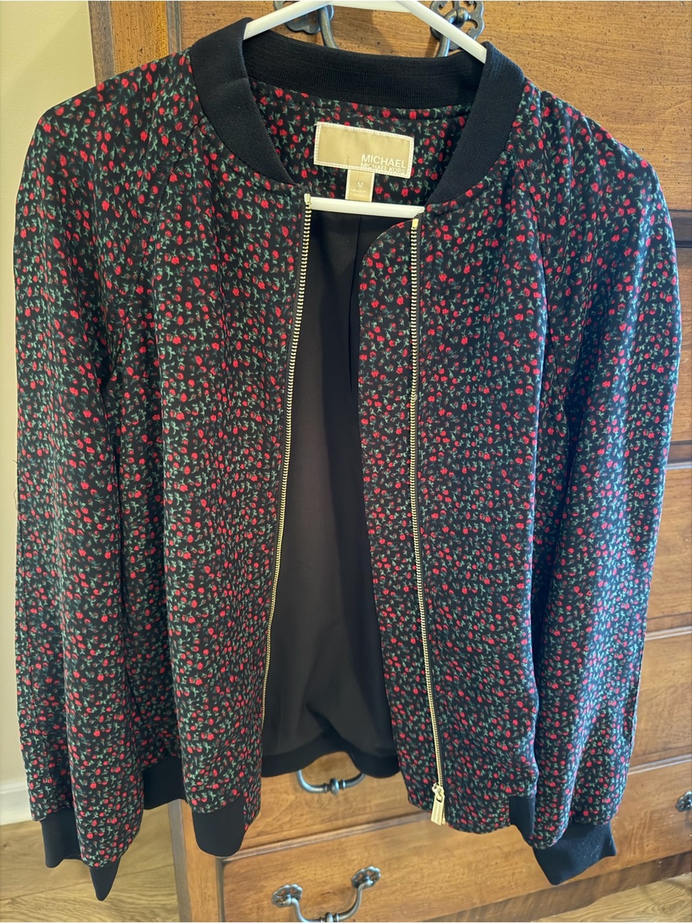 MICHAEL Michael Kors Black Bomber Jacket with Red Floral Print
